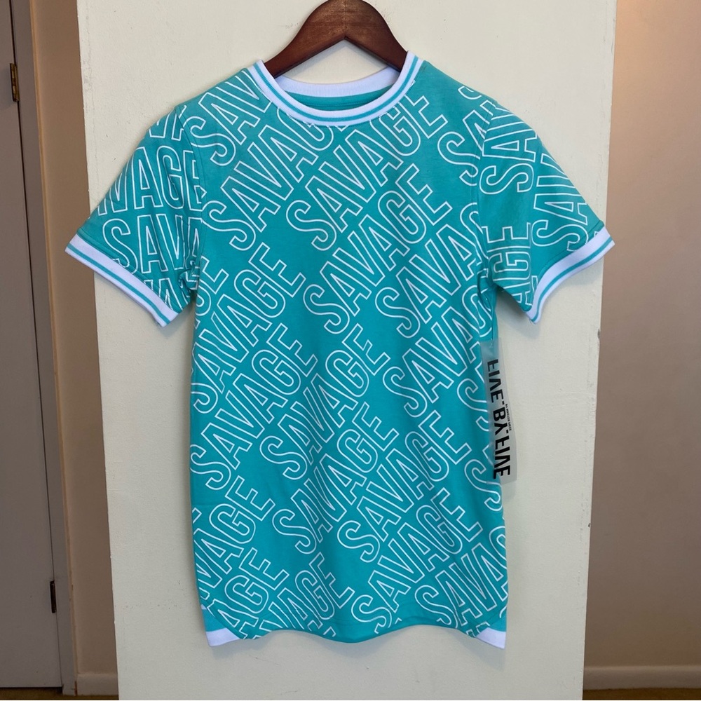 NWT Five By Five Savage Print Crew Neck T-Shirt Mens Size Small Turquoise White